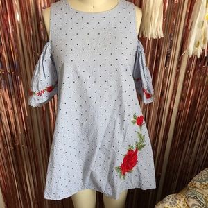 Blue Stripe Polka Dot Flower Cut Out Sleeve Dress